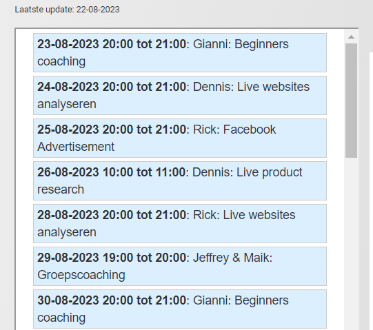 Op deze foto zie je de agenda van 6 keer live coaching van de Ecom Education (Maik Biemans en Jeffrey Schipper)