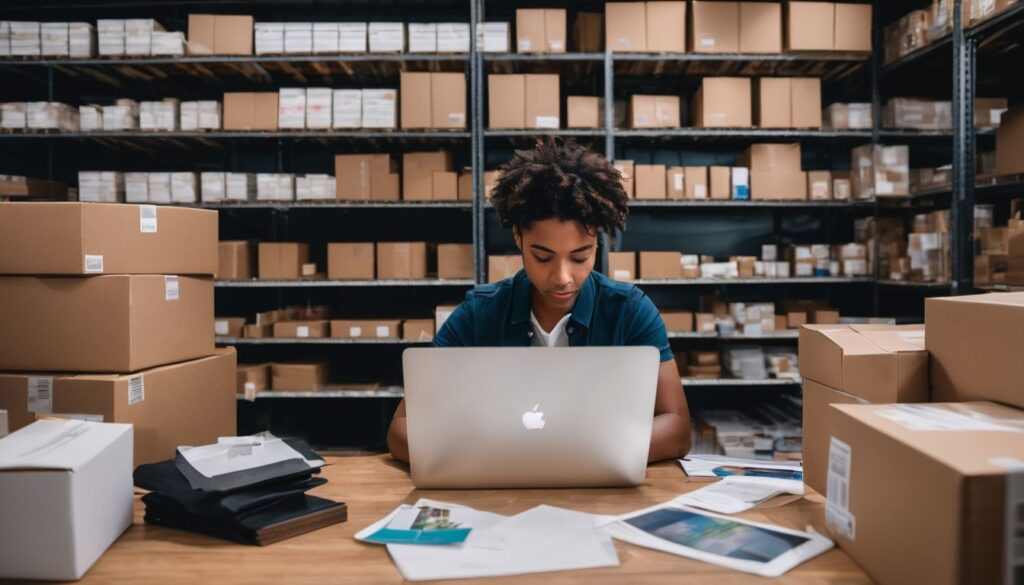 Op deze foto zie je een laptop en dozen om geld te verdienen met een webshop