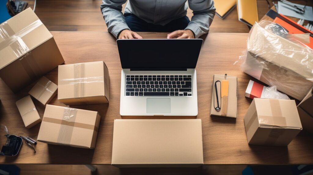 Op deze foto zie je een laptop en pakketjes in vergelijking met Eigen webshop of verkopen via bol.com