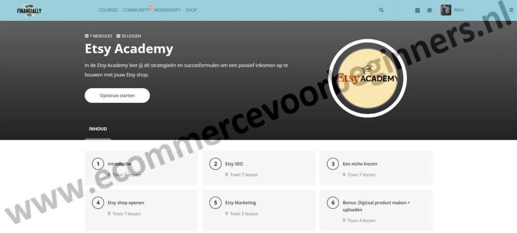 Op deze foto zie je de online omgeving van de Etsy Academy (Rowena Rousseau)